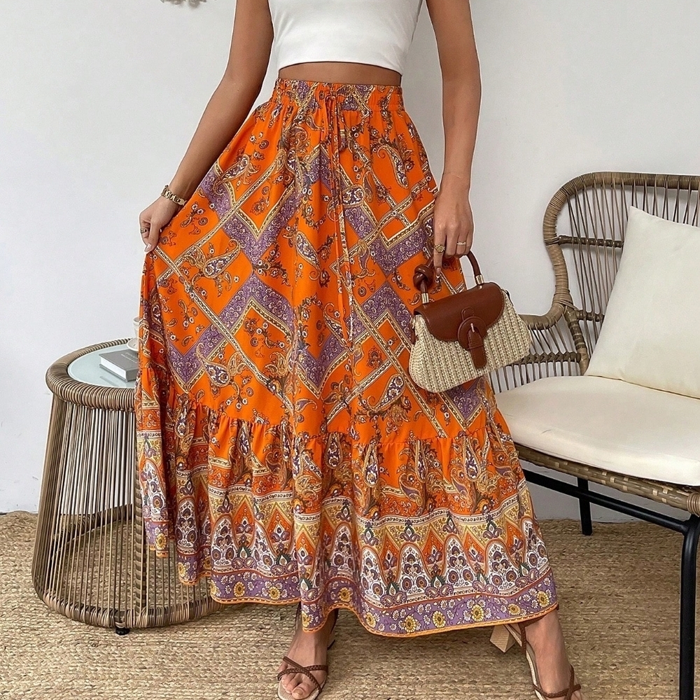 Paisley Floral Printed Skirt With Ruffled Hem - Picture 2 of 4